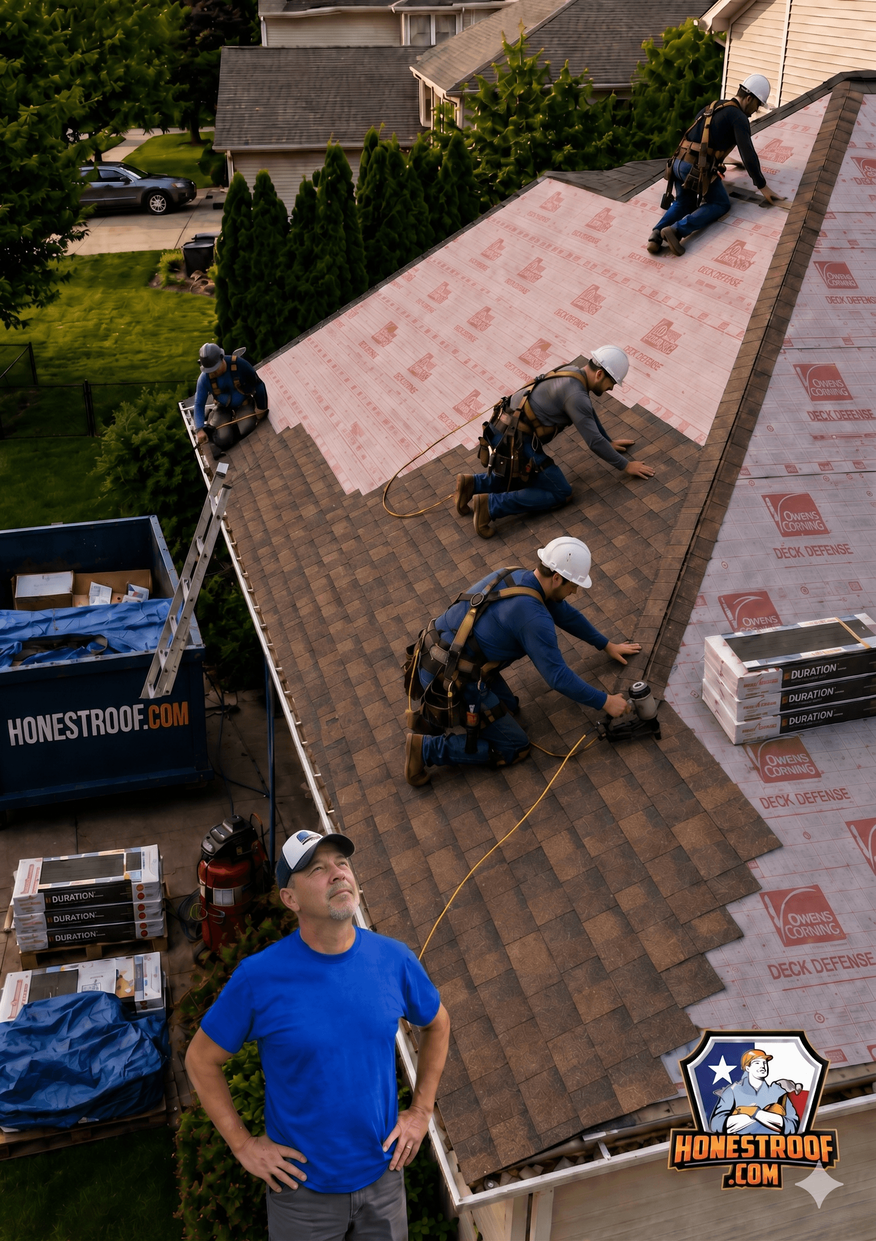 Dennis and the HonestRoof crew working on a roof replacement