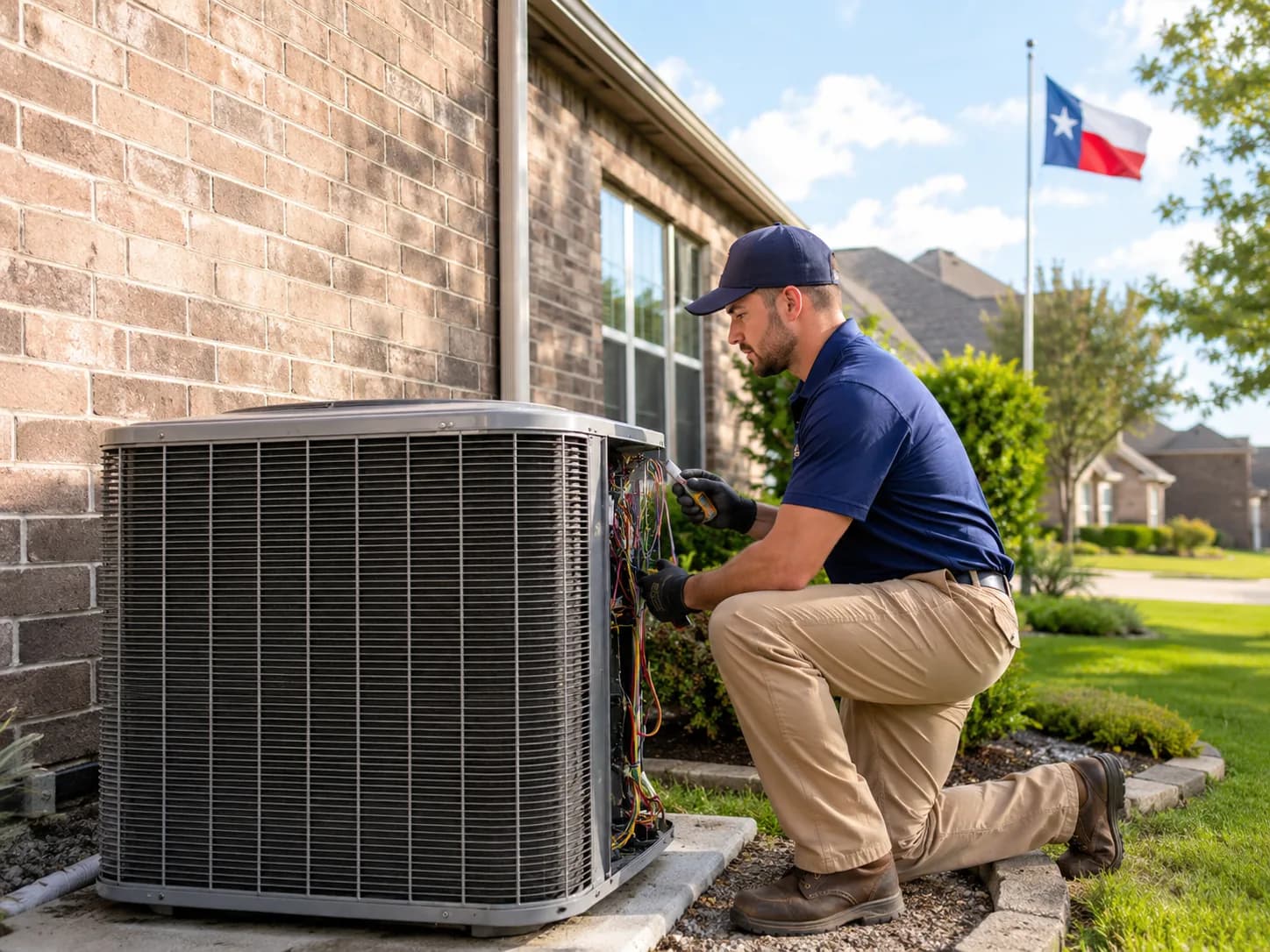 HVAC technician servicing an air conditioning unit in Texas