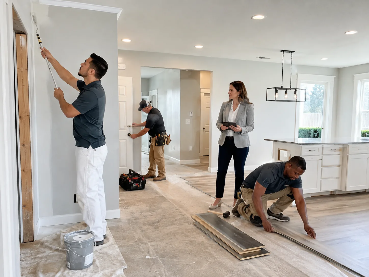 A full crew working every trade at once on a DFW make-ready - painting, doors, and flooring