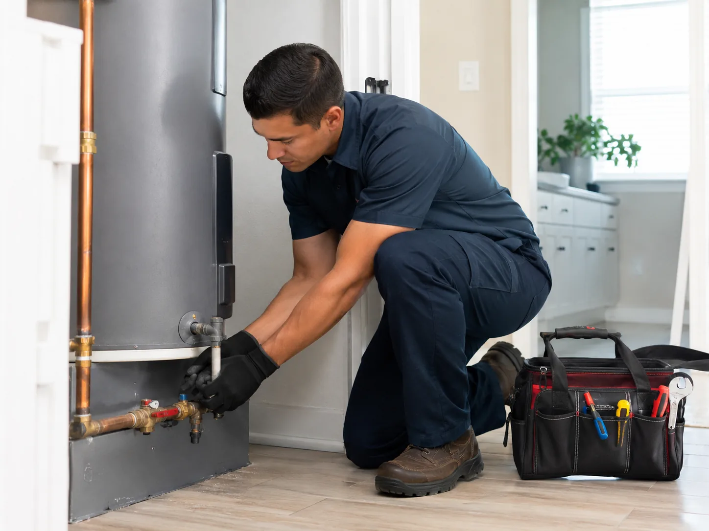 Plumber servicing a water heater in a DFW home